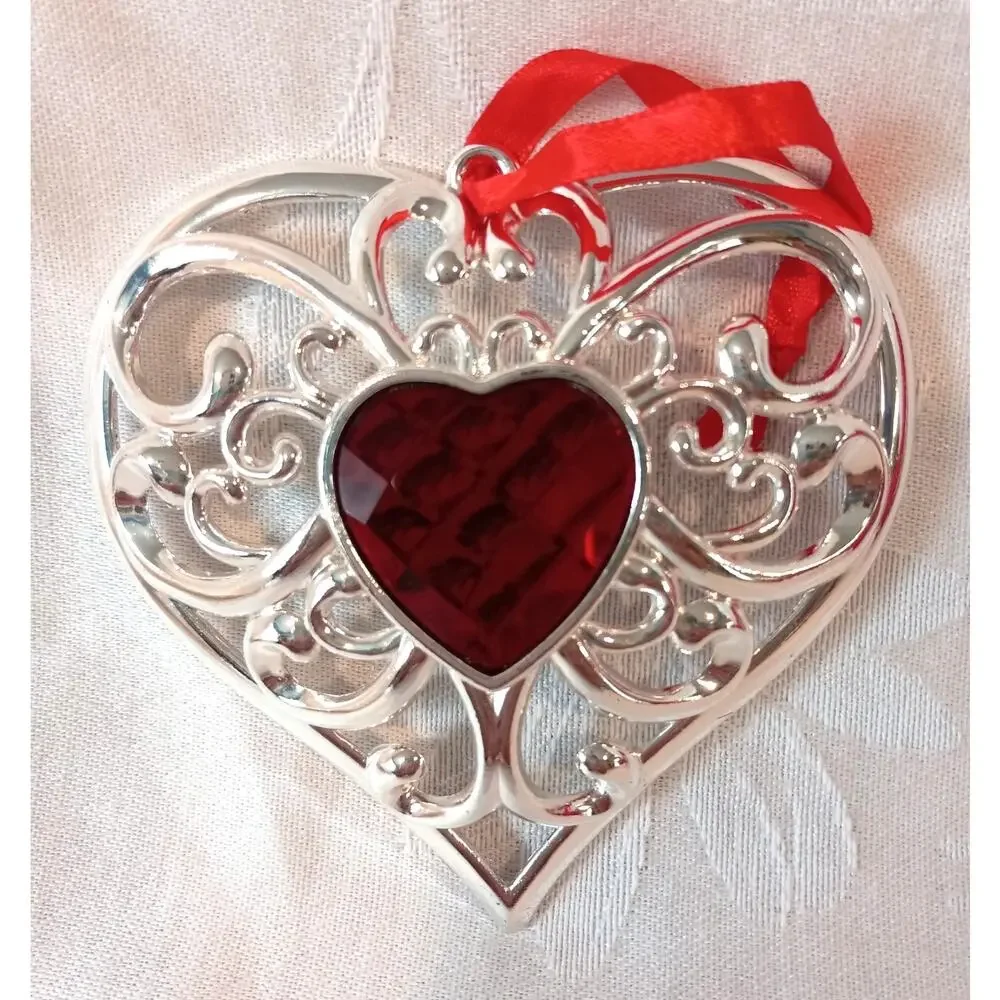 Lenox Gemmed Heart Ornament Bejeweled Silver Red Crystal Christmas Housewarming